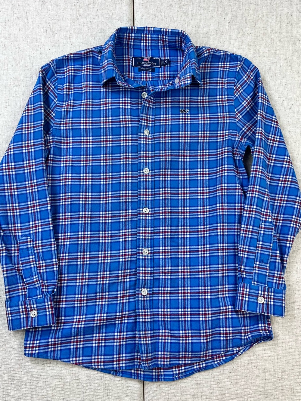 Vineyard Vines Boys Blue Red Plaid Flannel Whale Button Down Shirt M 12-14